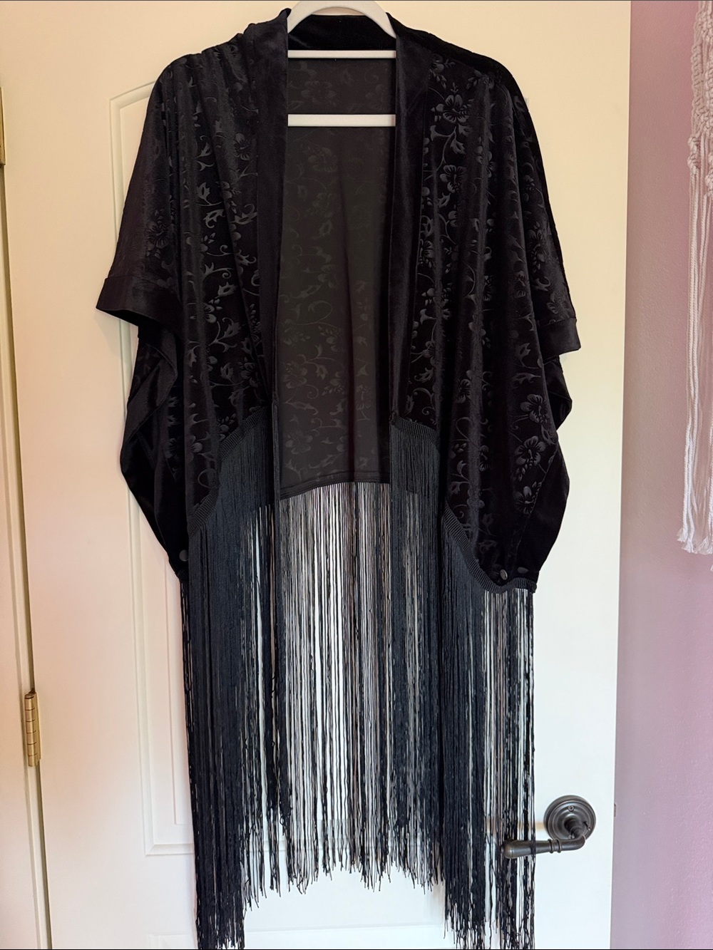 Free People Black Velvet Floral Fringe Kimono